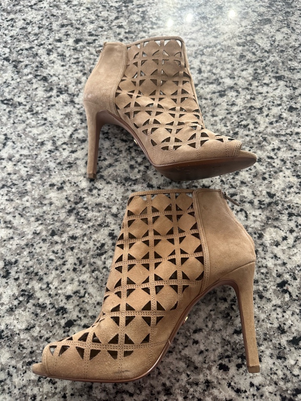 Michael Kors Laser-Cut Suede Peep-Toe Ankle Boots - Tan